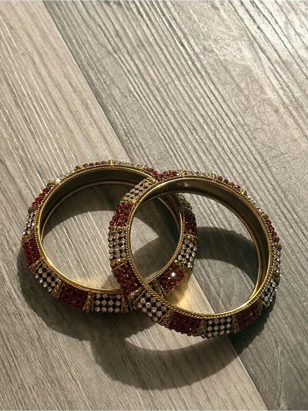 Gold-Tone Red and Clear Rhinestone Women's Bangle Bracelet Set